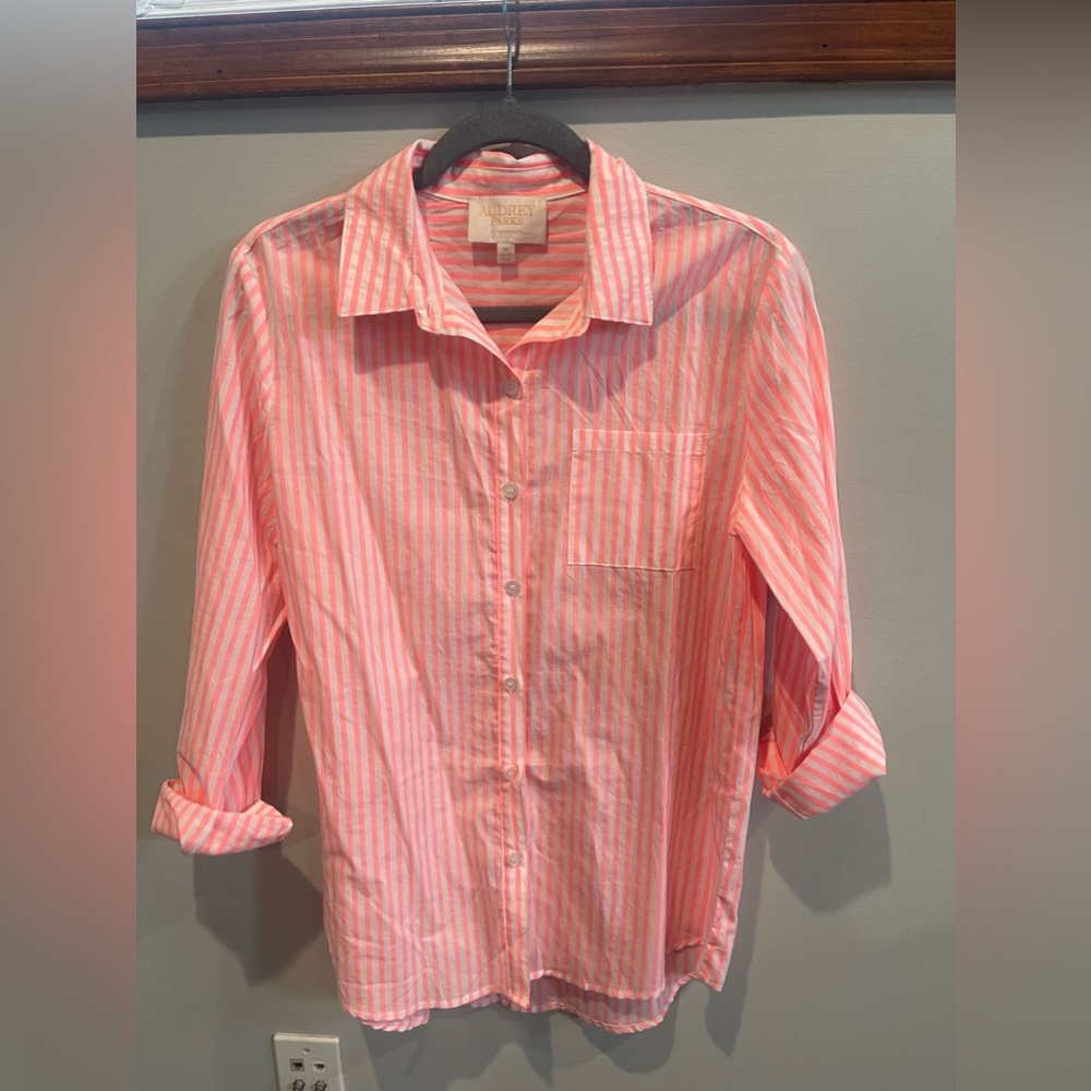 Pink striped button up blouse